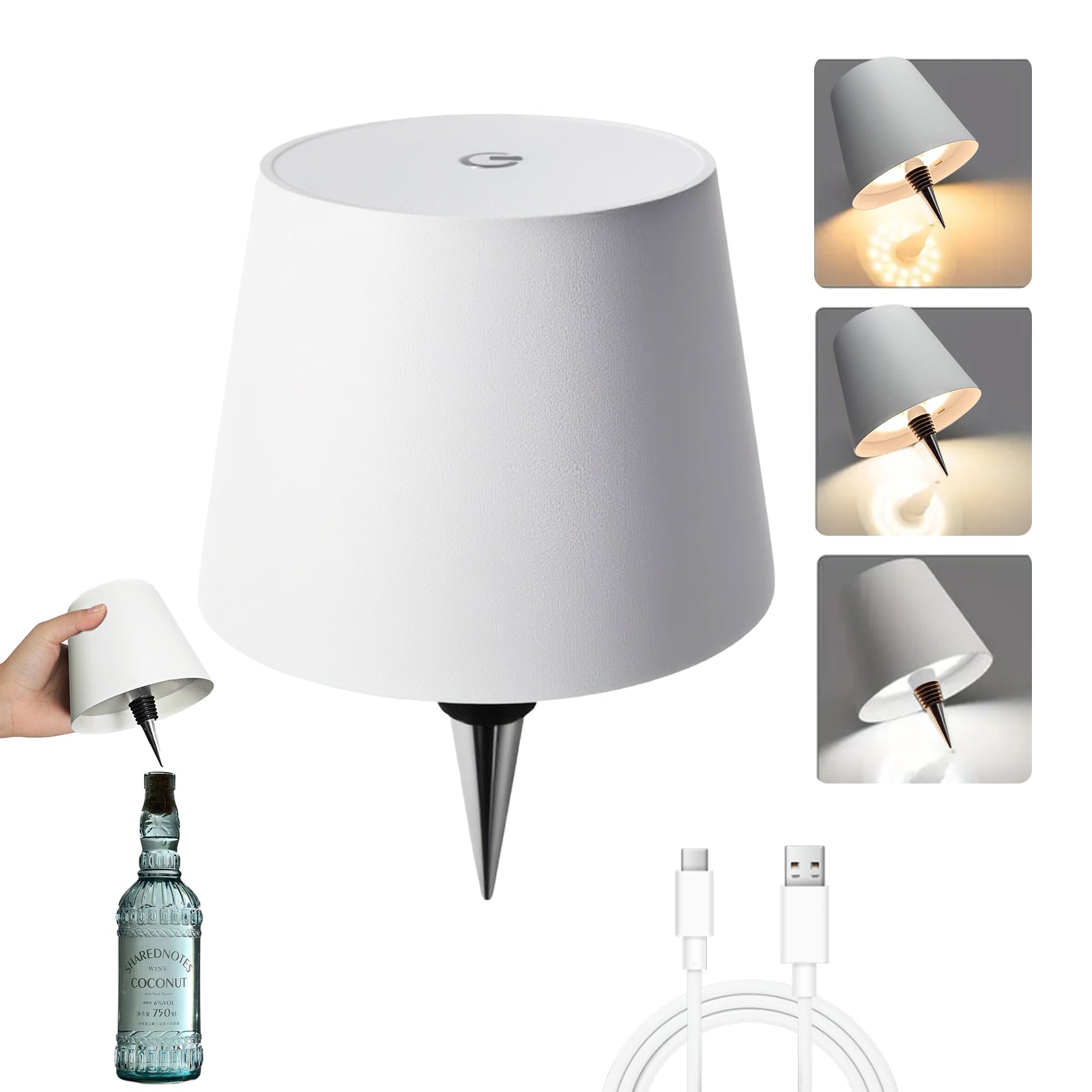 Desk Lamps Bottle Lamp for Liquor & Wine Bottles, Bottle Top Light,Rechargeable 3-Tone Touch-Dimmable White