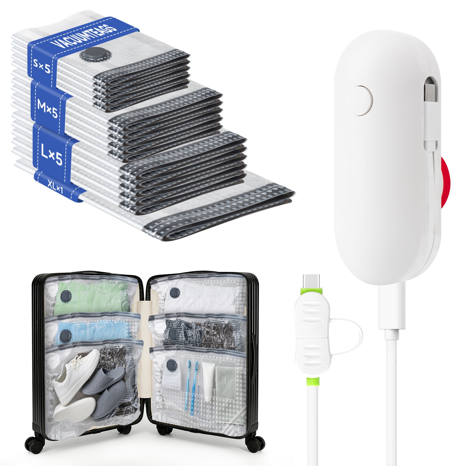 16-Pack Travel Vacuum Storage Bags with USB Electric Pump, 4 Sizes, Reusable Space Saver Bags for Clothes, Luggage & Home Storage