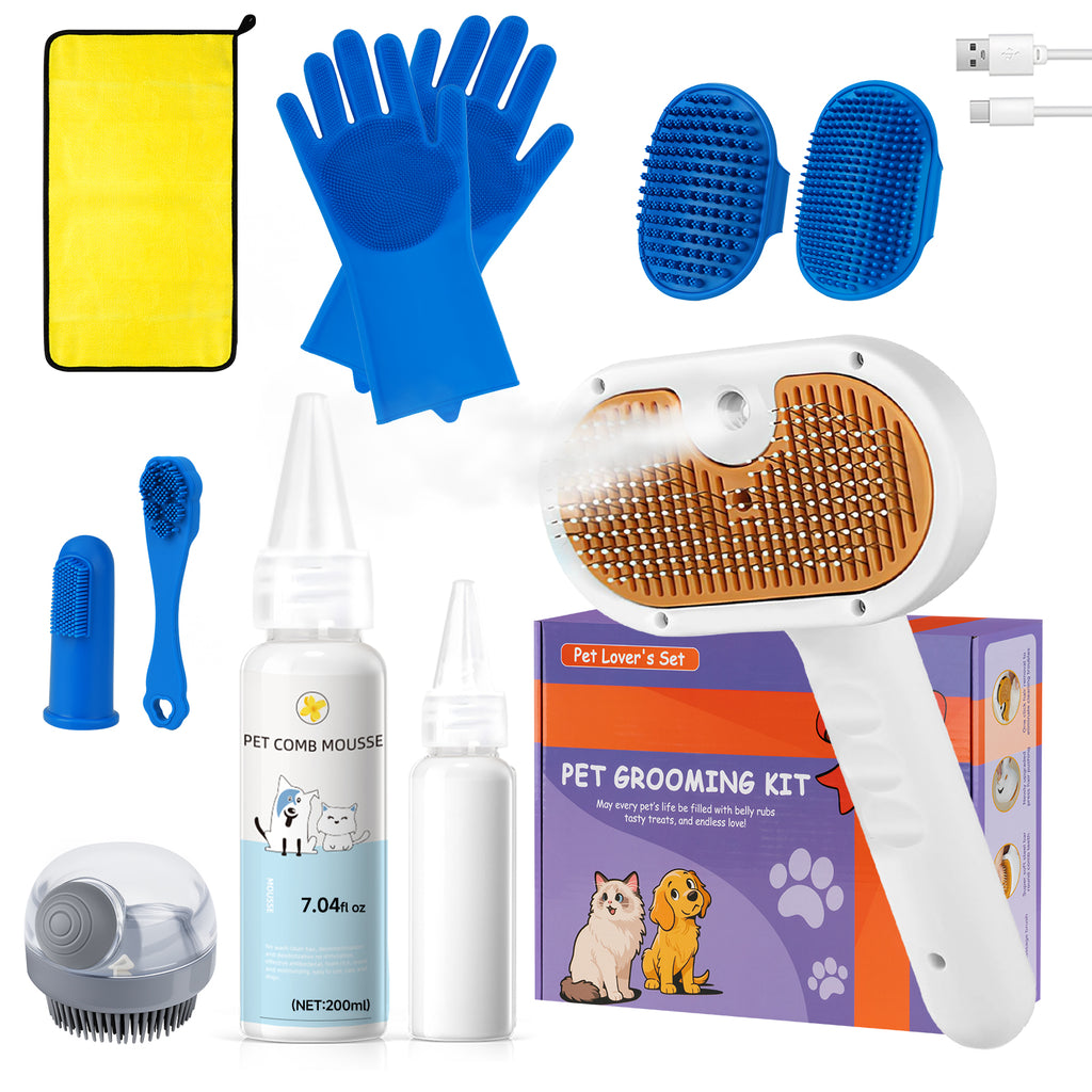 Pet Steam Brush Set for Dogs & Cats, Includes 3-in-1 Self Cleaning Spray Comb, Waterless Shampoo, Defur Tool, Bath Gloves, Bath Brush, Tooth & Ear Brush, Towel (11PCS)