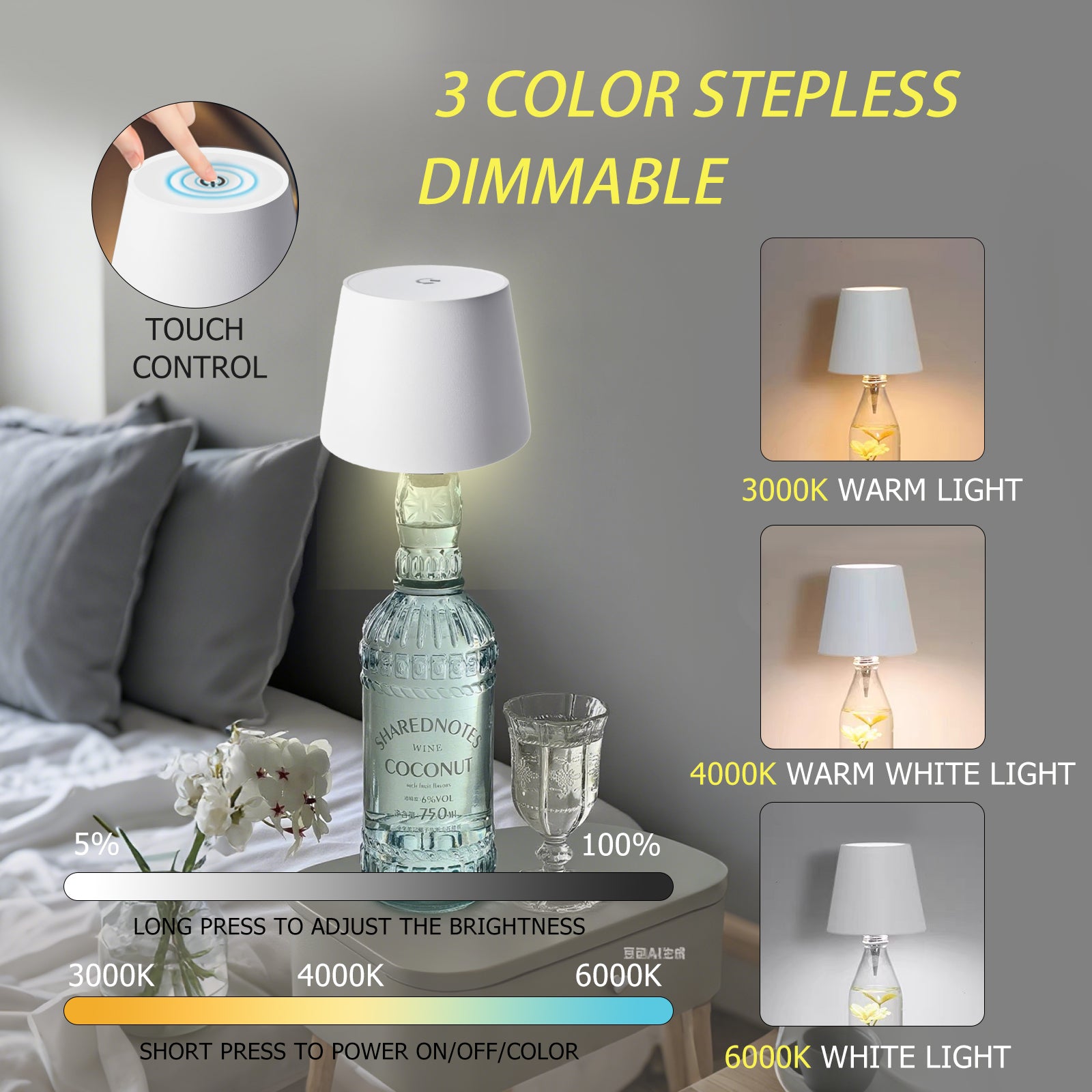 Desk Lamps Bottle Lamp for Liquor & Wine Bottles, Bottle Top Light,Rechargeable 3-Tone Touch-Dimmable White