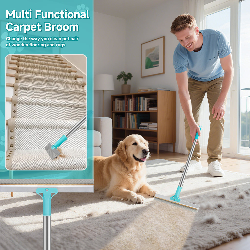 Carpet Rake for Pet Hair Removal Tool, Reusable Pet Hair Remover Broom, Dog&Cat Hair Remover Scraper Rake with 54” Adjustable Long Handle, 3 Pcs Carpet Brush Rake for Rugs, Mats, Couch, Furniture
