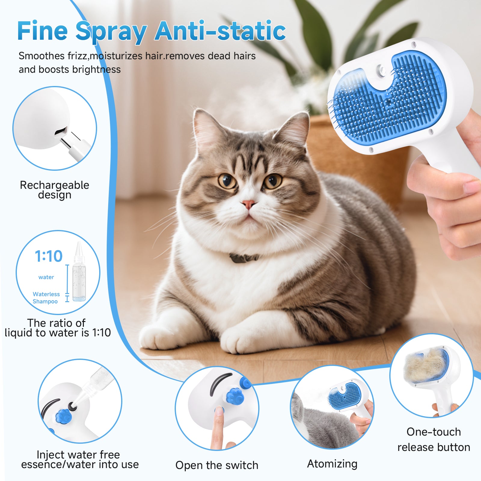 Pet Steam Brush for Dog & Cat - 3-in-1 Steam Grooming Brush for Shedding & Hair Removal - Self Cleaning Spray Comb with Mist for Long Haired Pets - Includes 2*Waterless Shampoo, Blue