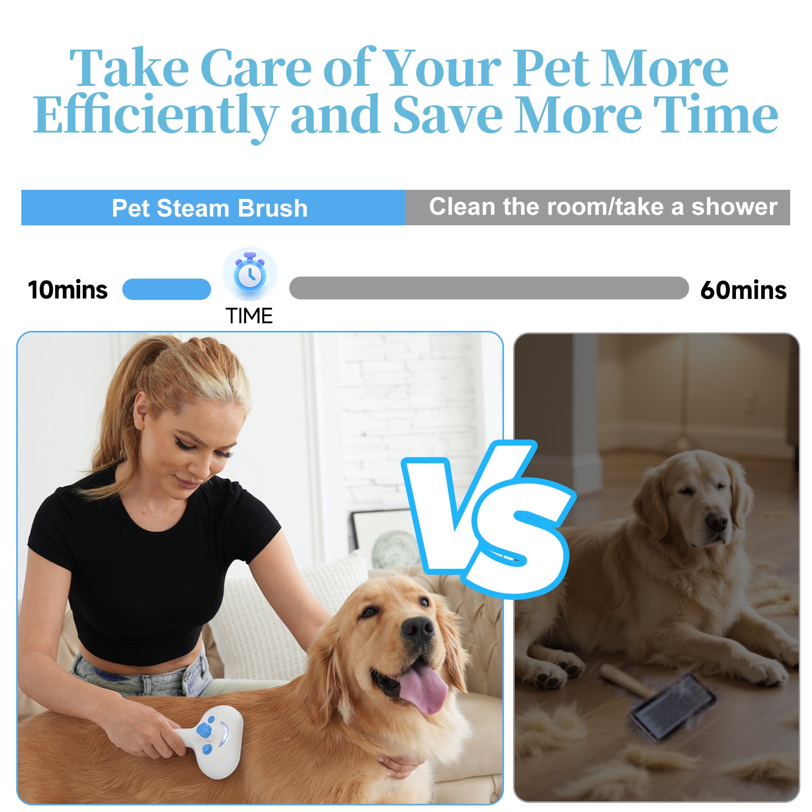Pet Steam Brush for Dog & Cat - 3-in-1 Steam Grooming Brush for Shedding & Hair Removal - Self Cleaning Spray Comb with Mist for Long Haired Pets, Blue(waterless shampoo not include)