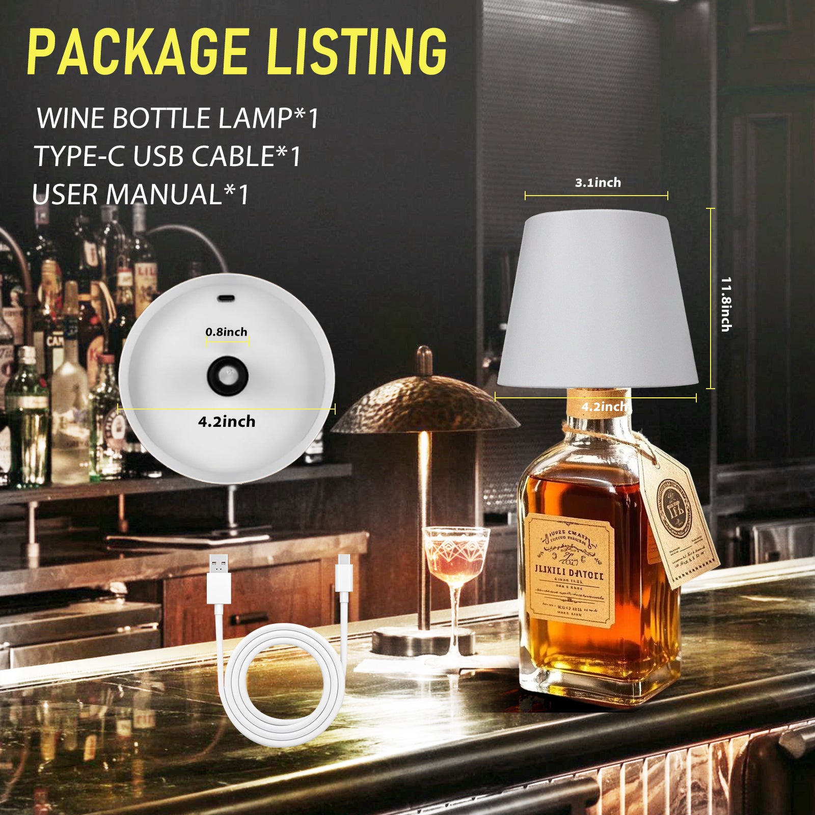 Desk Lamps Bottle Lamp for Liquor & Wine Bottles, Bottle Top Light,Rechargeable 3-Tone Touch-Dimmable White
