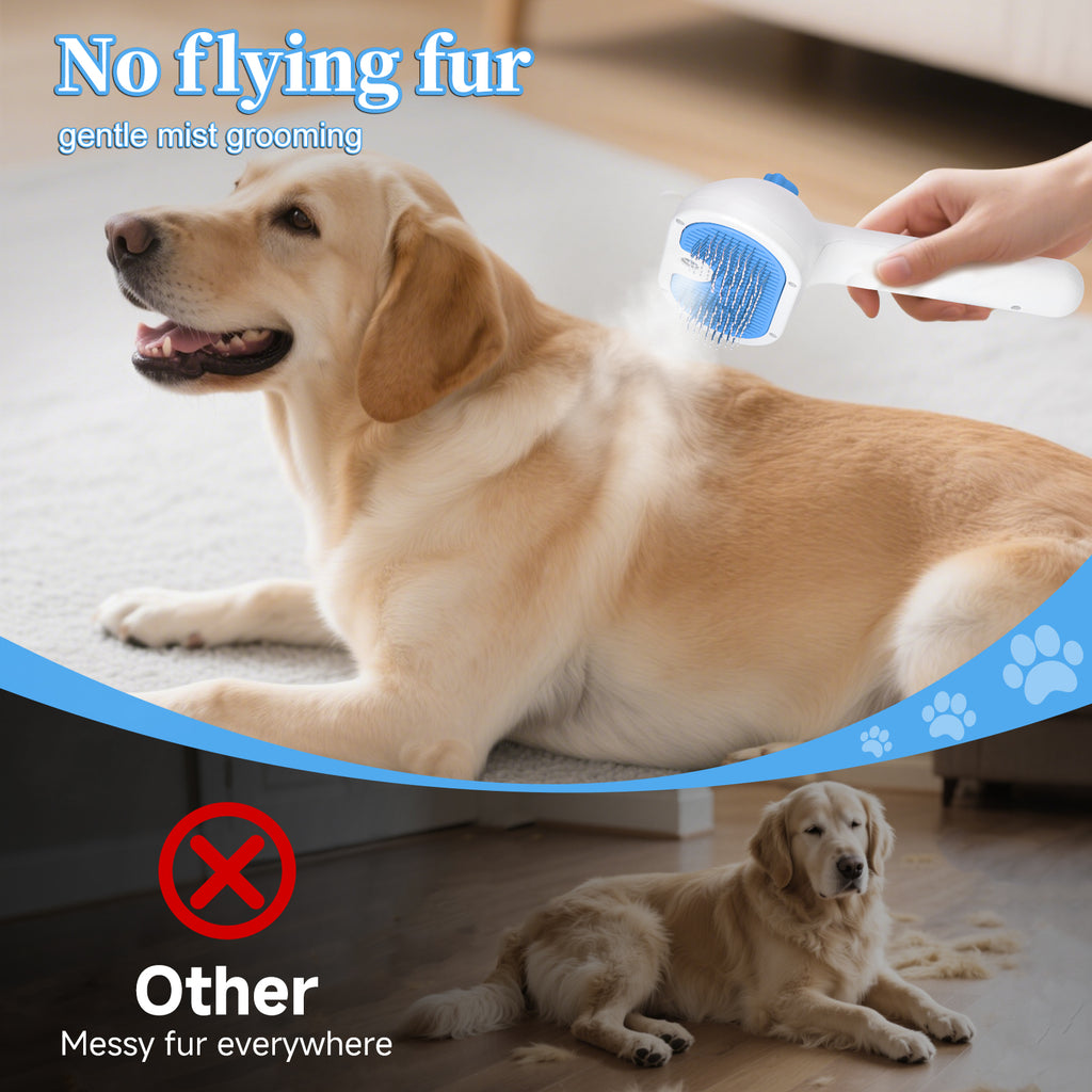 Pet Steam Brush for Dog & Cat - 3-in-1 Steam Grooming Brush for Shedding & Hair Removal - Self Cleaning Spray Comb with Mist for Long Haired Pets, Blue(waterless shampoo not include)
